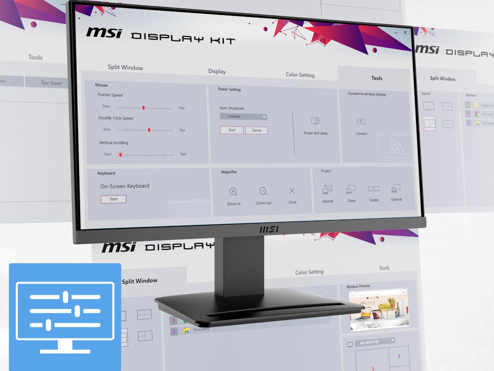 Monitor MSI Pro MP223 E2 21.45 cala 1920x1080px 100Hz 1 ms [MPRT] prezentacja monitora i jego oprogramowania MSI Display Kit kontrola ustawień upraszcza codzienną pracę podział ekranu wielozadaniowość efektywność pracy na jednym monitorze