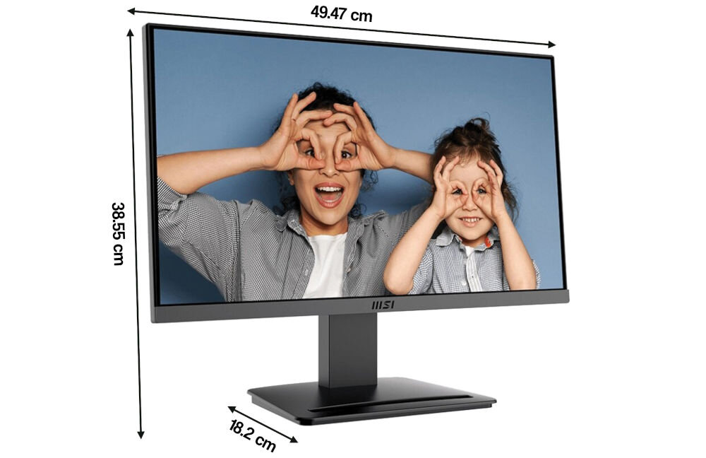 Monitor MSI Pro MP223 E2 21.45 cala 1920x1080px 100Hz 1 ms [MPRT] prezentacja monitora na białym tle z wymiarami elegancki design stabilność smukła ramka niemal bezramkowe doznania wizualne