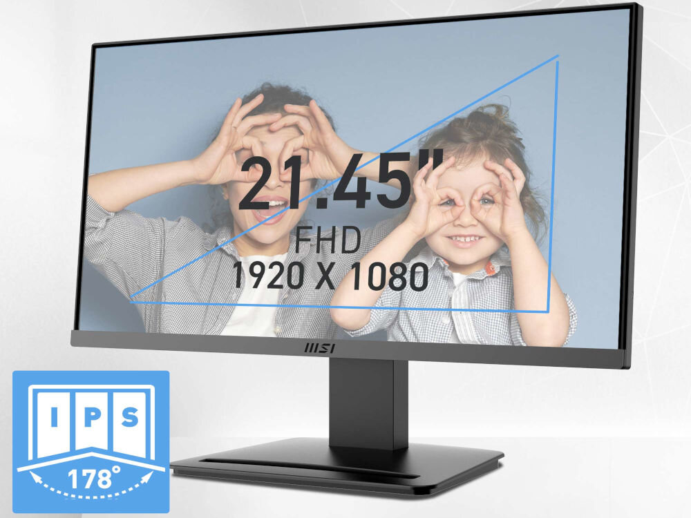 Monitor MSI Pro MP223 E2 21.45 cala 1920x1080px 100Hz 1 ms [MPRT] prezentacja monitora jego przekątnej i rozdzielczości na jasnym tle Full HD wygodna praca szerokie kąty widzenia 178° stała jakość obrazu odwzorowanie kolorów komfort podczas pracy