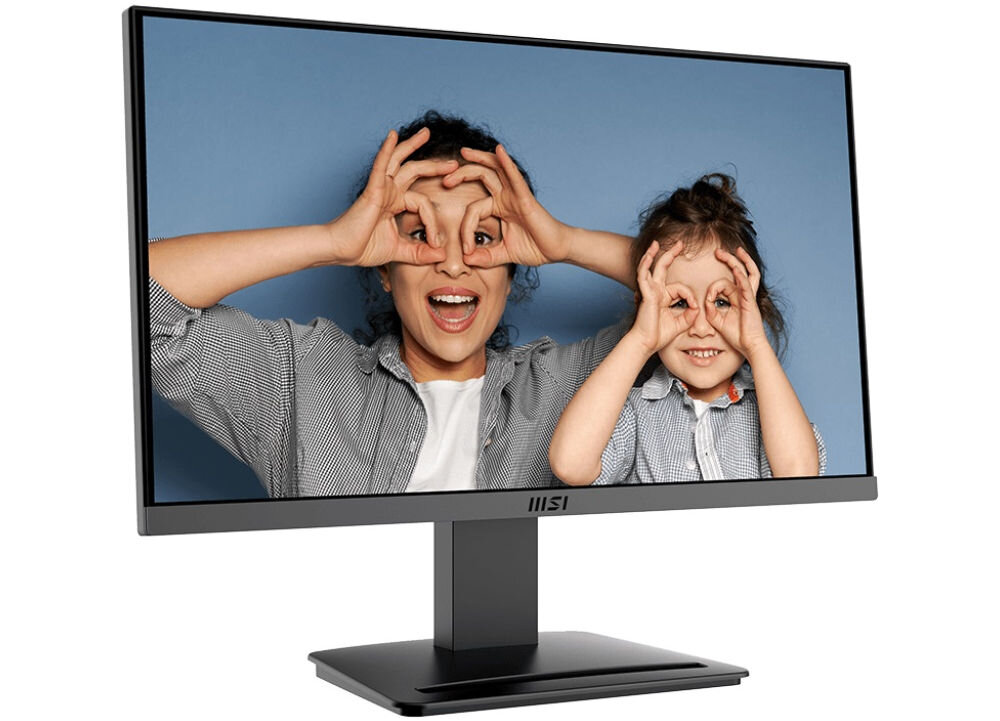 Monitor MSI Pro MP223 E2 21.45 cala 1920x1080px 100Hz 1 ms [MPRT] prezentacja monitora na białym tle od przodu pod kątem współczynnik 3000:1 detale wrażenia dynamiczny realistyczny
