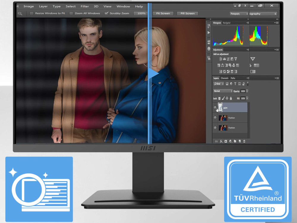 Monitor MSI Pro MP223 E2 21.45 cala 1920x1080px 100Hz 1 ms [MPRT] porównanie monitora z funkcją ekran bez migotania oraz z na szarym tle funkcje ochrony oczu redukcja zmęczenia utrzymanie koncentracji