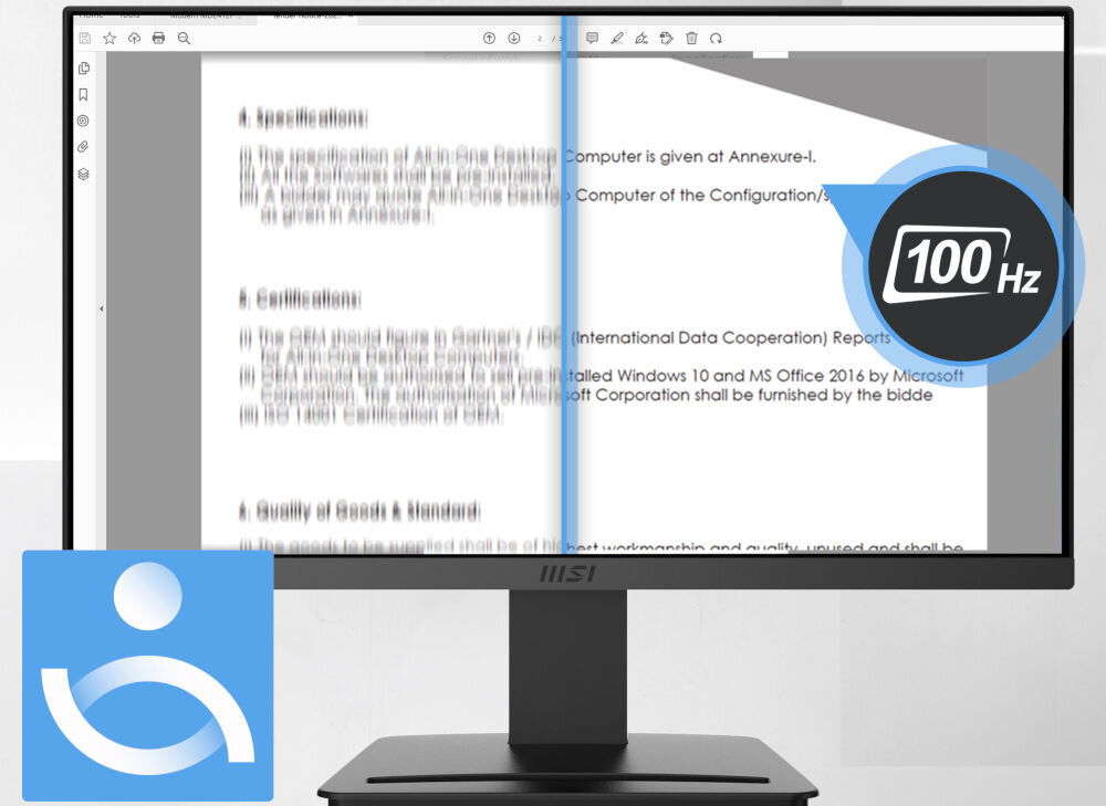 Monitor MSI Pro MP223 E2 21.45 cala 1920x1080px 100Hz 1 ms [MPRT] prezentacja działania częstotliwości odświeżania na jasnym tle czas reakcji wyraźny płynny obraz edycja wideo grafika
