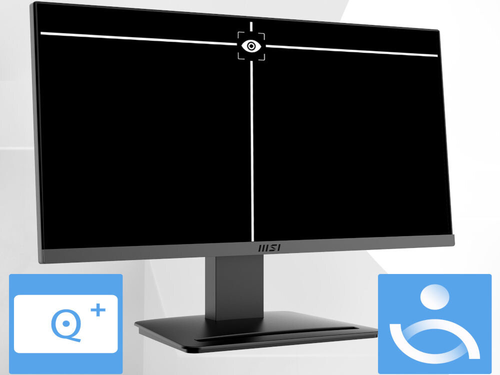 Monitor MSI Pro MP223 E2 21.45 cala 1920x1080px 100Hz 1 ms [MPRT] prezentacja Eye-Q Check na jasnym tle astygmatyzm siatka Amslera korekcja postawy wykrycie nieprawidłowości redukcja ryzyka przemęczenia