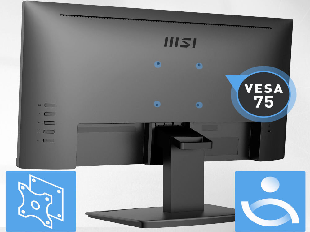 Monitor MSI Pro MP223 E2 21.45 cala 1920x1080px 100Hz 1 ms [MPRT] prezentacja monitora od tyłu na szarym tle VESA 75 mm łatwe stabilne przymocowanie mini-PC z rodziny MSI Cubi oszczędność miejsca uchwyt biurkowy VESA zwiększa powierzchnię roboczą ergonomia