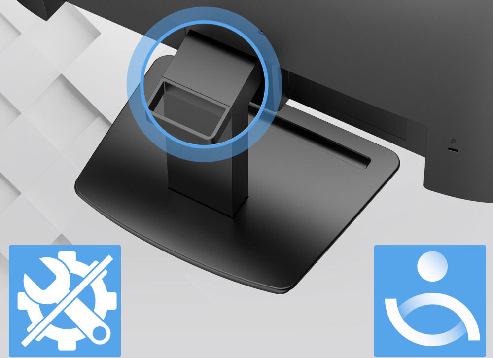 Monitor MSI Pro MP223 E2 21.45 cala 1920x1080px 100Hz 1 ms [MPRT] prezentacja szybkiego montażu monitor od tyłu szare tło montaż monitora bez narzędzi szybki demontaż ułatwia przenoszenie