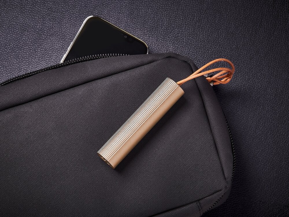 Powerbank LEXON Fine Tube 2 3000mAh 5W Złoty
            powerbank przypięty do plecaka obudowa aluminium wygląd pasek skórzany mobilność