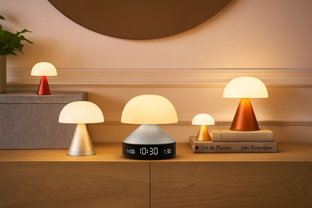 Budzik z lampką LEXON Mina Sunrise LR153LB1 Jasnoniebieski, pokój, wygoda, relaks, spokój, budzik stoi na komodzie w przyciemnionym pomieszczeniu, święci pomarańczowym światłem