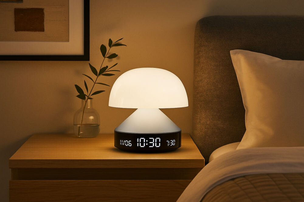 Budzik z lampką LEXON Mina Sunrise LR153LB1 Jasnoniebieski, funkcje, imituje, wschód, zachód, budzik stoi na stoliku nocnym w sypialni