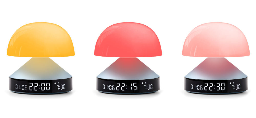 Budzik z lampką LEXON Mina Sunrise LR153LB1 Jasnoniebieski, forma, elegancja, Minimalistyczny, powierzchnia, na białym tle 3 budziki w różnych odcieniach kolorystycznych