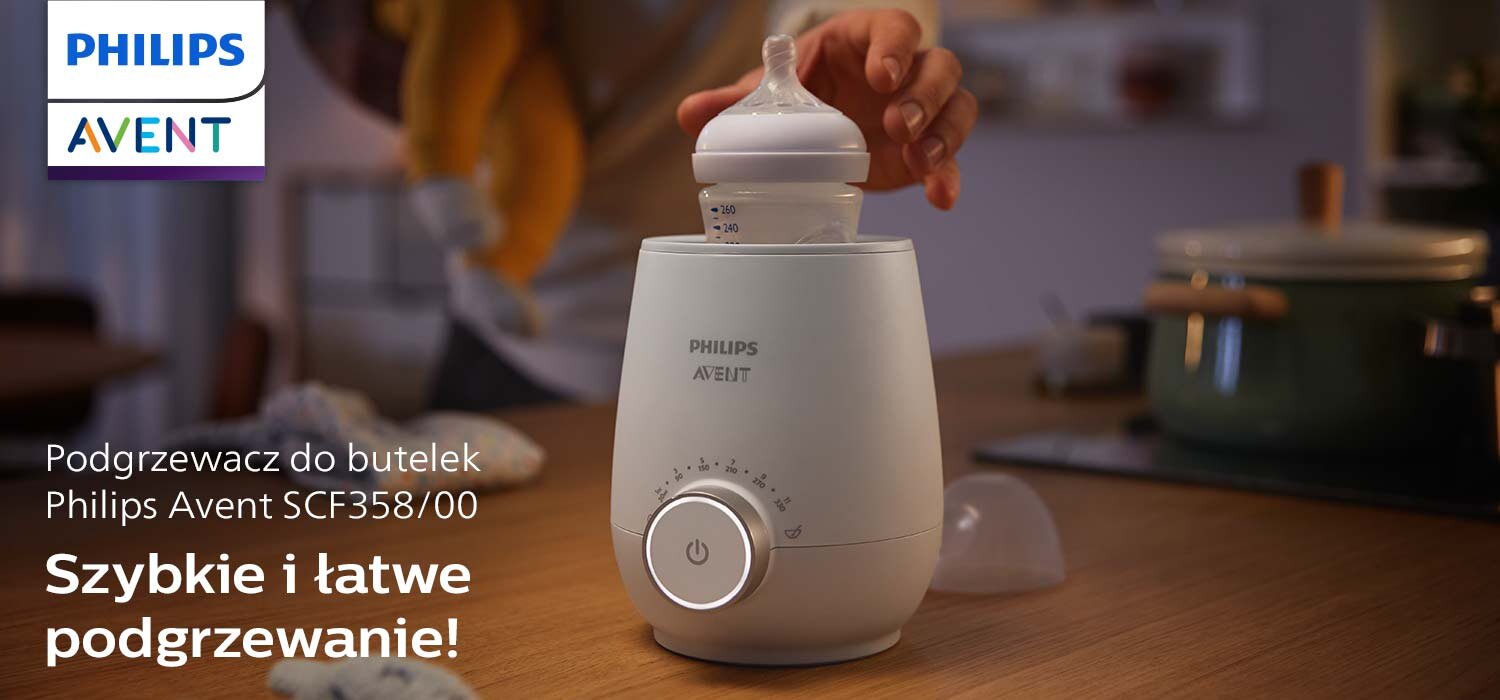 Na blacie kuchennym stoi podgrzewacz do butelek PHILIPS Avent z butelką na górze. Obok widoczny jest tekst: \'Podgrzewacz do butelek Philips Avent SCF358/00 Szybkie i łatwe podgrzewanie!\'.