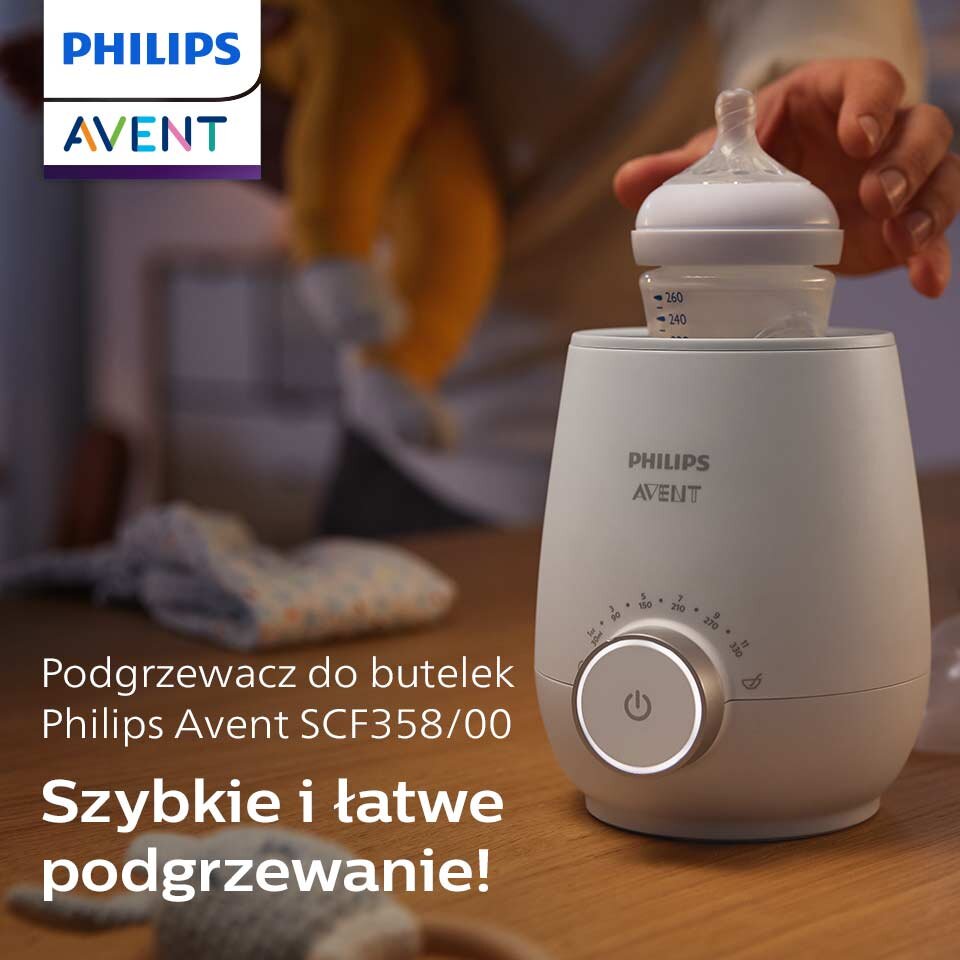 Na obrazie widoczny jest podgrzewacz do butelek marki Philips Avent z modelem SCF358/00, na którym umieszczona jest butelka z miarką. Obok znajduje się tekst: \'Podgrzewacz do butelek Philips Avent SCF358/00 Szybkie i łatwe podgrzewanie!\'.