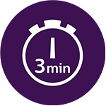 Ikona w kształcie koła w kolorze fioletowym z białym symbolem zegara i napisem \'3 min\'.