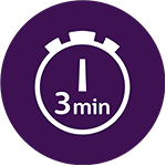 Fioletowa ikona z białym symbolem zegara i napisem \'3 min\' w środku.