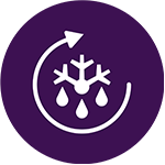 Ikona przedstawia biały symbol płatka śniegu z kroplami wody i strzałką wokół, na fioletowym tle.