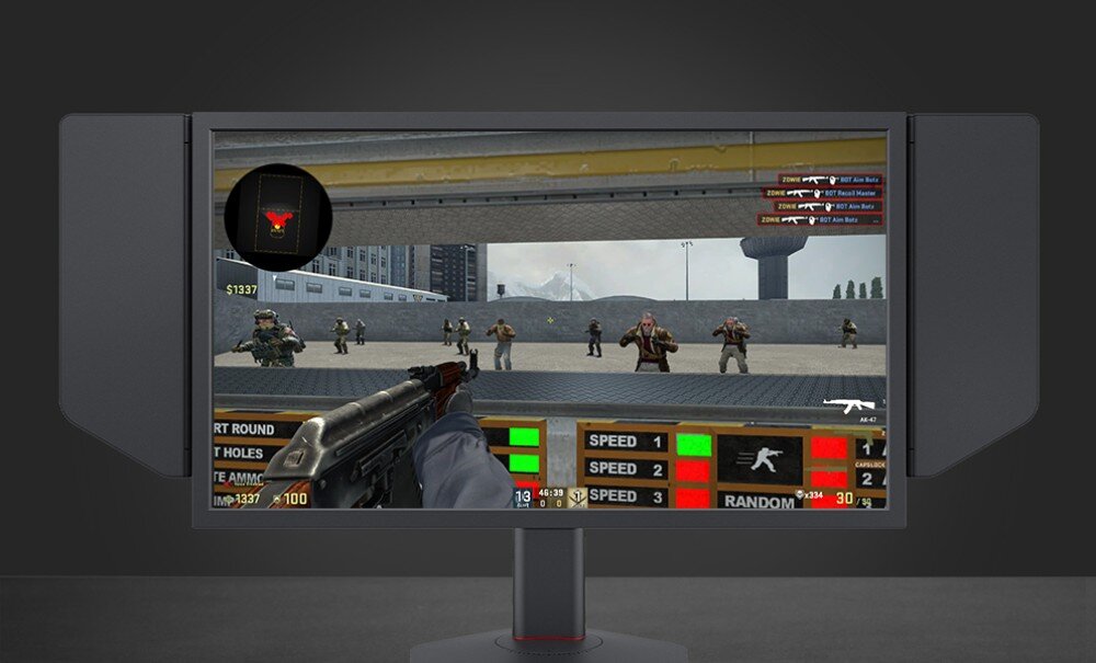 Monitor BENQ Zowie XL2586X+ Widok frontowy monitora z włączoną grą. Na ekranie widać celowanie do postaci, a po bokach zamontowane są osłony boczne, profile, tryby działania