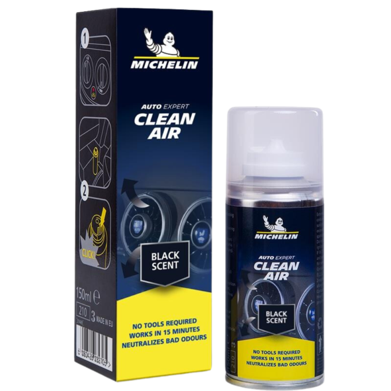 Na obrazie widoczny jest produkt \'Michelin Auto Expert Clean Air\' w opakowaniu oraz puszka aerozolu. Na opakowaniu znajduje się tekst: \'BLACK SCENT, NO TOOLS REQUIRED, WORKS IN 15 MINUTES, NEUTRALIZES BAD ODOURS\'.