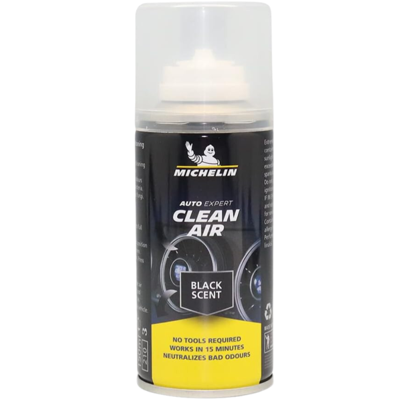 Puszka z odgrzybiaczem klimatyzacji Michelin Clean Air o pojemności 150 ml z napisem \'BLACK SCENT\'. Na etykiecie widnieje logo Michelin oraz informacje: \'NO TOOLS REQUIRED\', \'WORKS IN 15 MINUTES\', \'NEUTRALIZES BAD ODOURS\'.