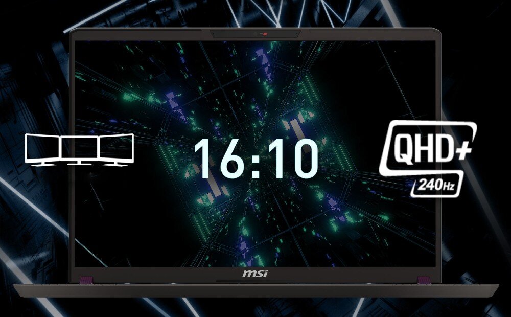 Laptop gamingowy MSI z 16-calowym ekranem QHD+ do gier i multimediów. - wyświetlacz przekątna odświeżanie proporcje matryca kolory