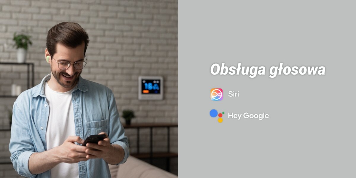 Słuchawki douszne HAMA Freedom Light II człowiek korzysta ze smartfona  Asystenci Google Assistant