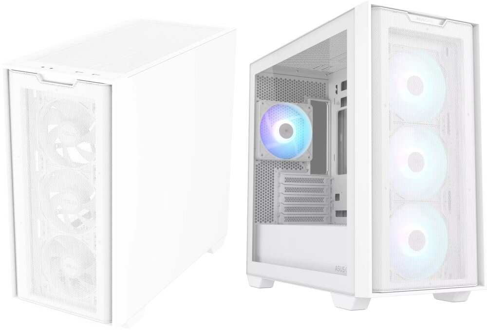 Obudowa ASUS A21 Plus Dwie białe obudowy komputerowe ukazujące konstrukcję z zewnątrz oraz wnętrze z czterema świecącymi wentylatorami