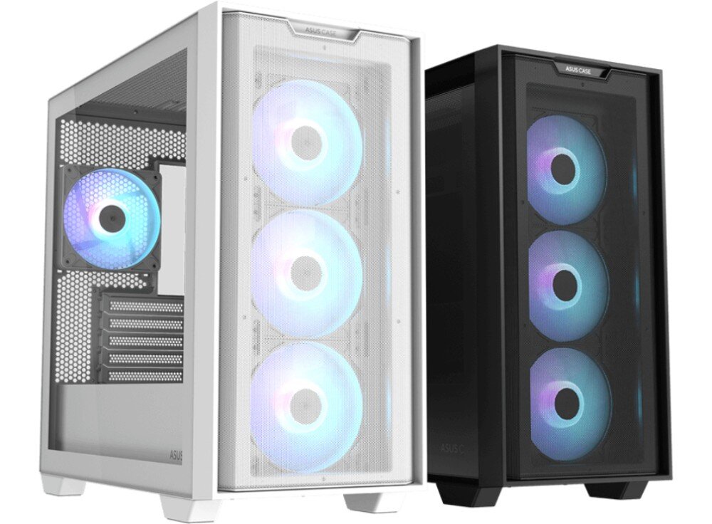 Obudowa ASUS A21 Plus Zestawienie białej i czarnej obudowy z widocznym kolorowym podświetleniem wentylatorów za przednim panelem z siatki