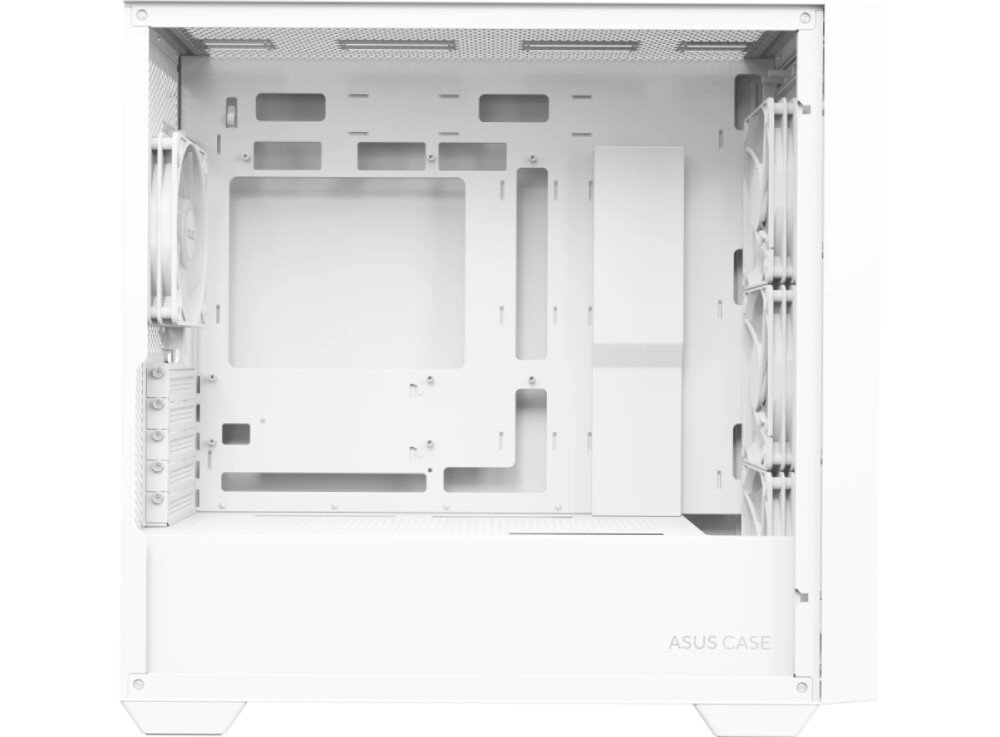 Obudowa ASUS A21 Plus Puste wnętrze białej obudowy komputerowej z zamontowanymi czterema wentylatorami i widocznym miejscem na podzespoły