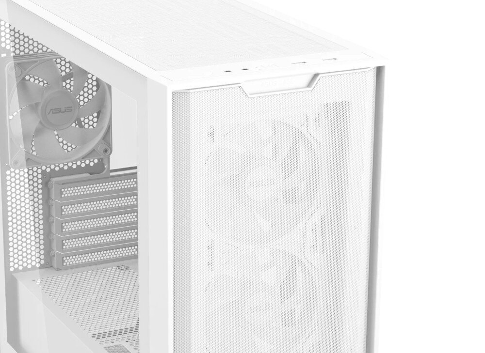 Obudowa ASUS A21 Plus Bliskie ujęcie narożnika białej obudowy prezentujące drobną strukturę metalowej siatki przedniego panelu