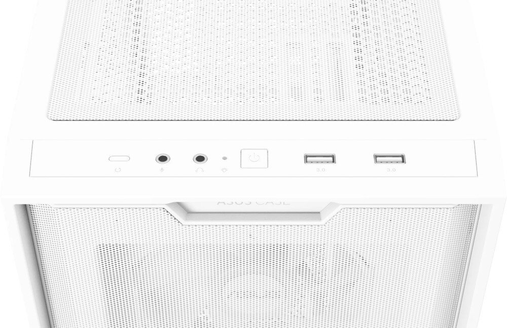 Obudowa ASUS A21 Plus Górny panel z przyciskami oraz portami takimi jak dwa gniazda USB, wejście słuchawkowe i mikrofonowe