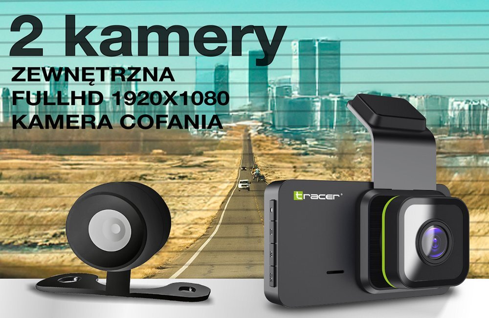 Wideorejestrator TRACER Opti 3D-WF z miastem na pustyni w tle