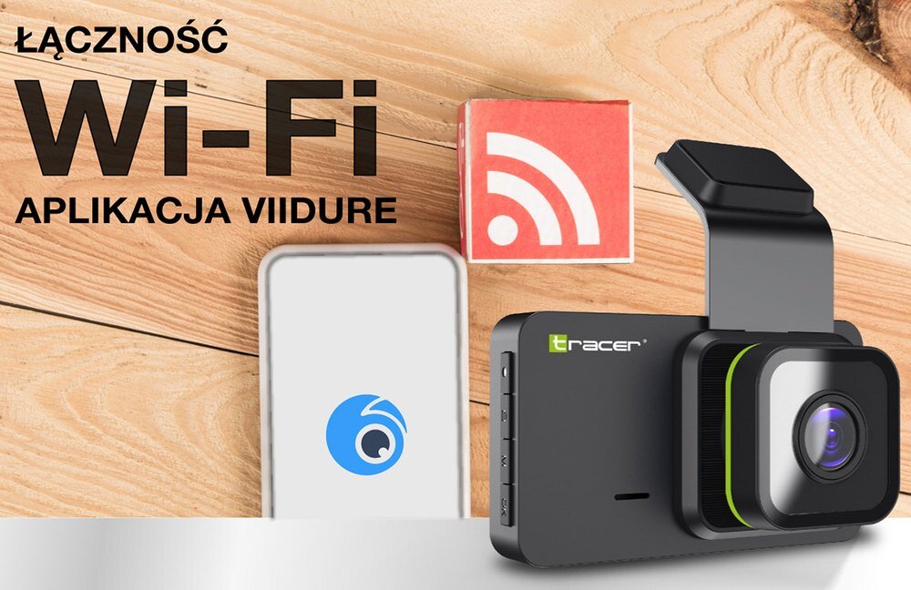 Wideorejestrator TRACER Opti 3D-WF ze smartfonem w tle