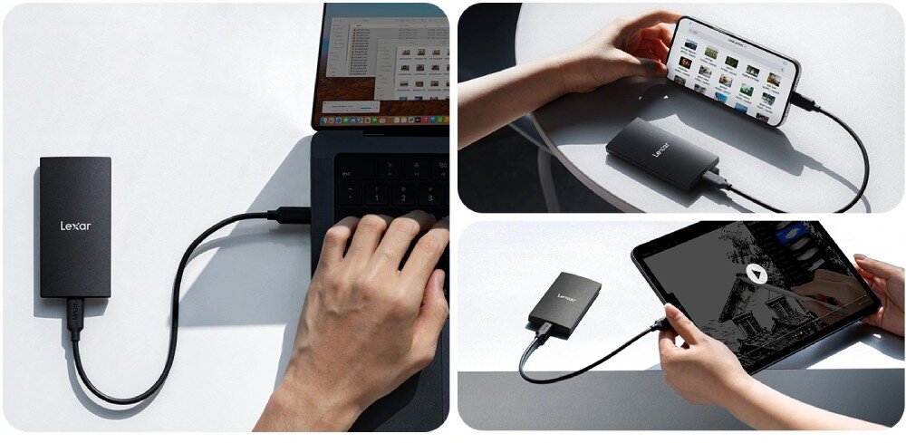 Dysk LEXAR SL300 Kolaż zdjęć przedstawiający dysk podłączony do laptopa, smartfona i tabletu