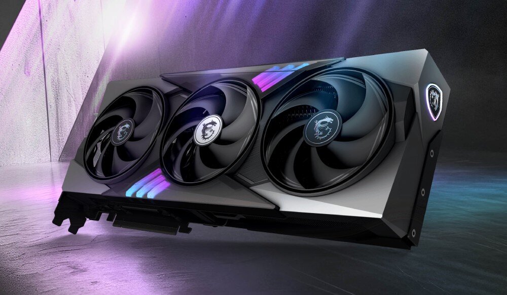 Karta graficzna MSI GeForce RTX 5070 Ti Gaming Trio OC Plus 16GB na ciemnym tle z efektownym podświetleniem LED opis