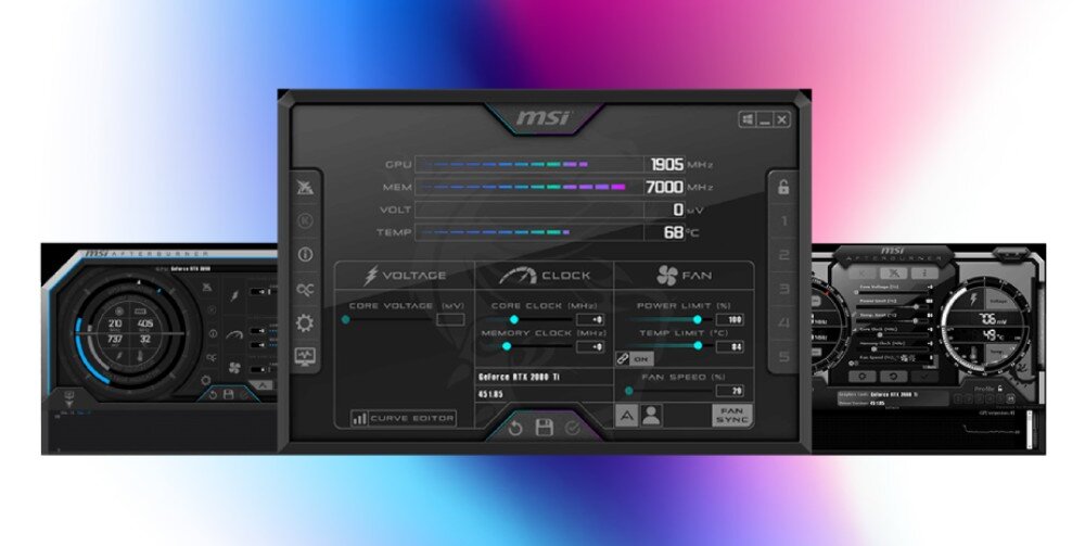 Karta graficzna MSI GeForce RTX 5070 Ti Gaming Trio OC Plus 16GB Interfejs oprogramowania MSI Center, umożliwiający monitorowanie pracy karty, dostosowywanie parametrów i optymalizację wydajności