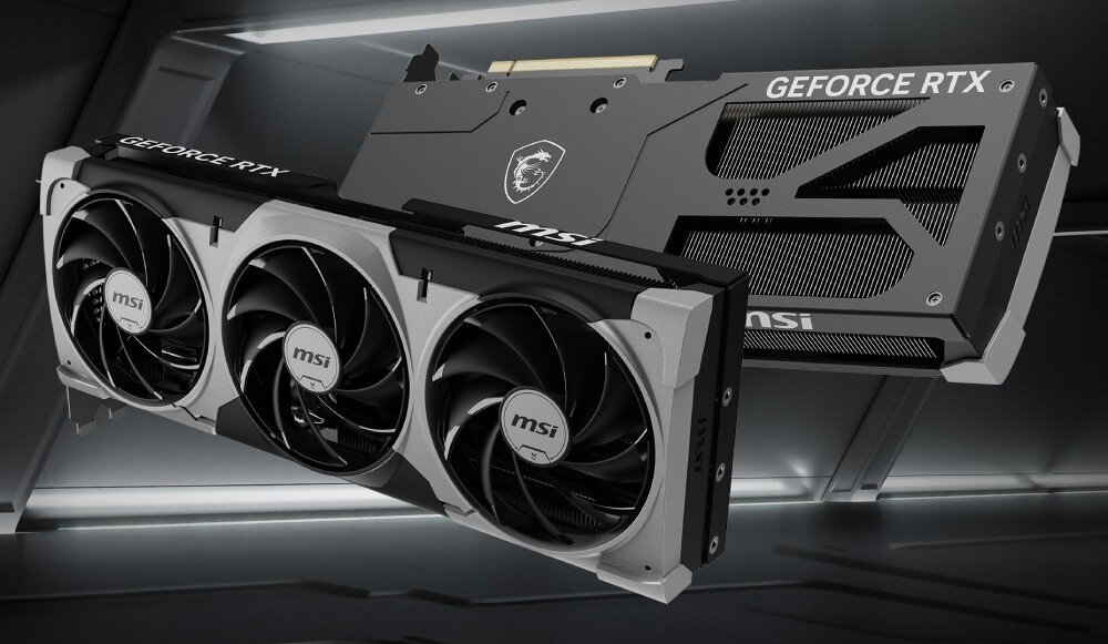 Karta graficzna MSI GeForce RTX 5070 Ti Ventus 3X OC 16GB Widok karty graficznej MSI GeForce RTX 5080 z dwóch perspektyw: z przodu i z tyłu, prezentujący chłodzenie oraz metalową płytę tylną z logo MSI