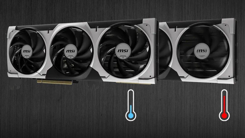 Karta graficzna MSI GeForce RTX 5070 Ti Ventus 3X OC 16GB Grafika przedstawiająca porównanie pracy wentylatorów w zależności od temperatury, z ikonami termometrów wskazującymi tryb chłodzenia i pełnego obciążenia