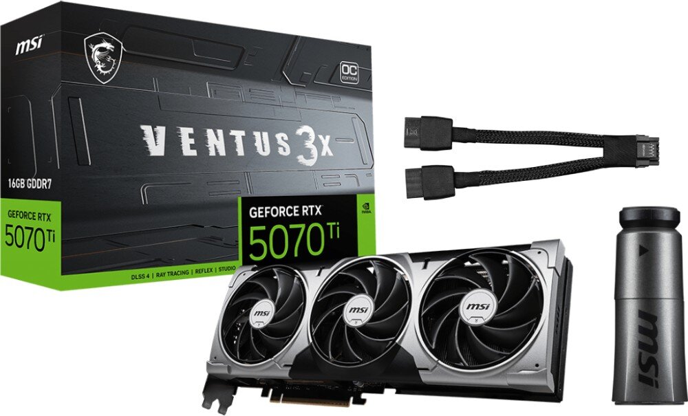 Karta graficzna MSI GeForce RTX 5070 Ti Ventus 3X OC 16GB Zestaw sprzedażowy karty MSI GeForce RTX 5070 Ti Ventus 3X OC, zawierający kartę graficzną, przewód zasilający, wspornik do montażu oraz pudełko z logo MSI