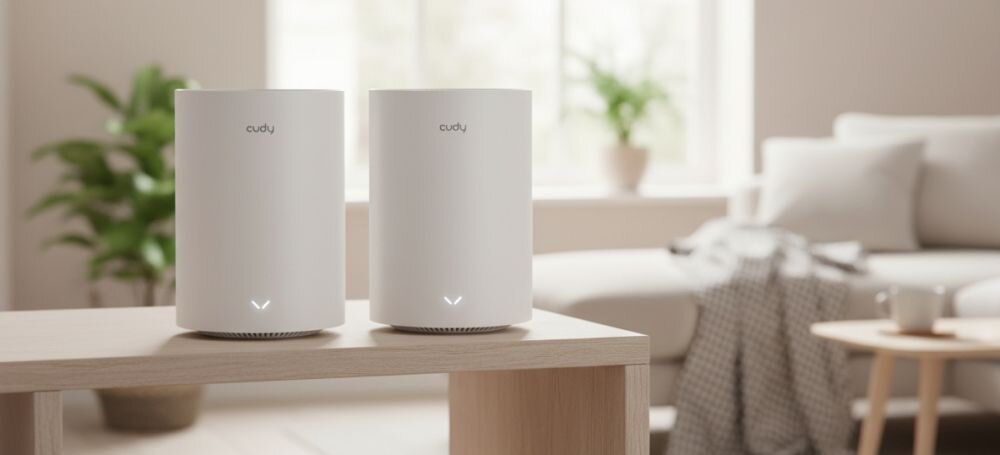 Router Cudy z sześcioma antenami stoi obok laptopa na biurku podczas pracy zdalnej i korzystania z sieci Wi‑Fi..