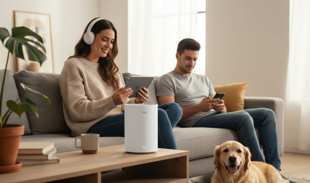 Router Cudy z sześcioma antenami stoi na stoliku obok laptopa, zapewniając bezprzewodową łączność w salonie 