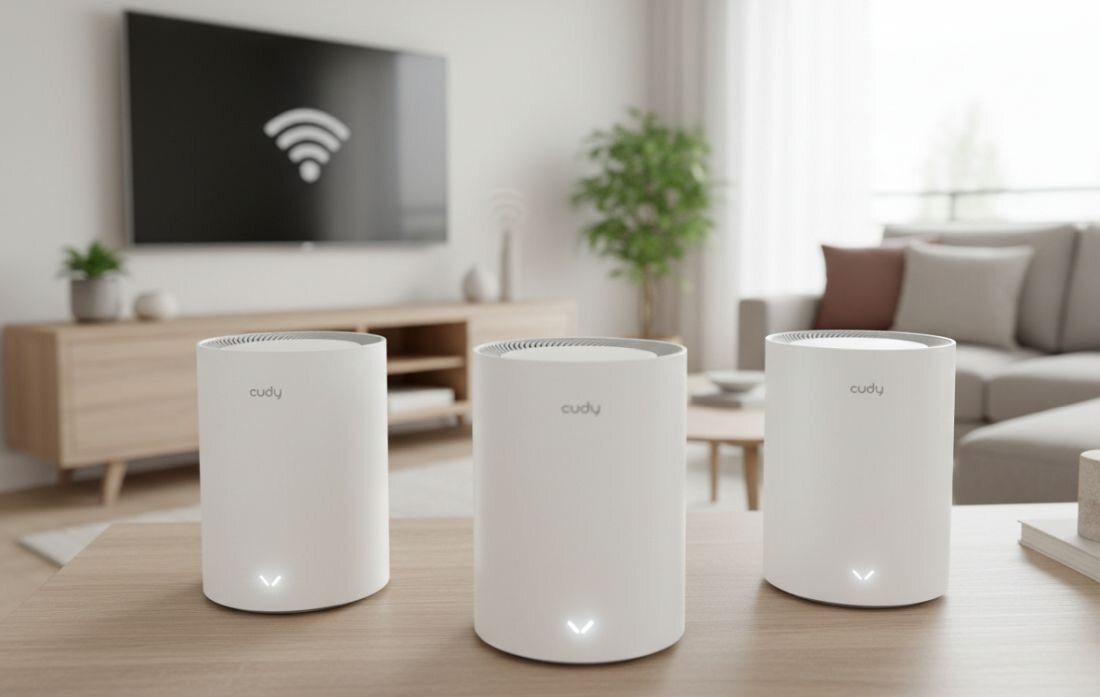 Router Cudy z sześcioma antenami stoi obok laptopa na biurku podczas pracy zdalnej i korzystania z sieci Wi‑Fi..