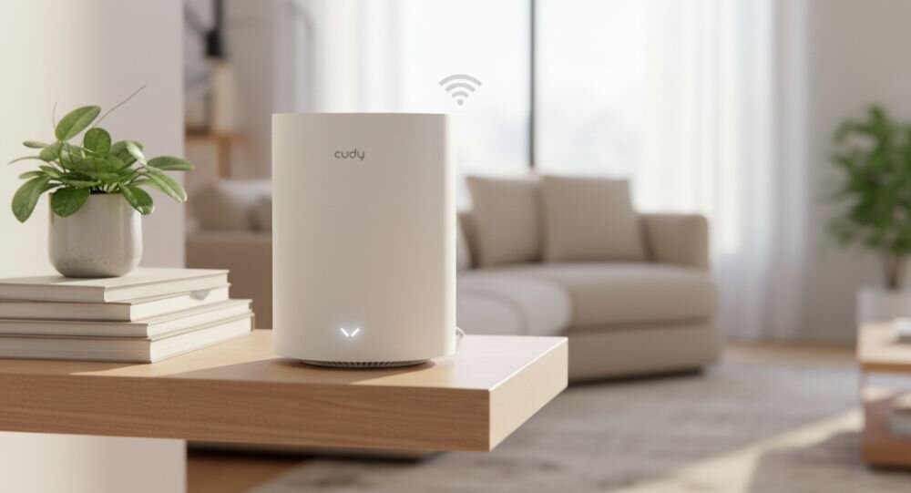 Router Cudy z sześcioma antenami pracuje na biurku przy oknie, zapewniając bezprzewodową łączność w domowym biurze.