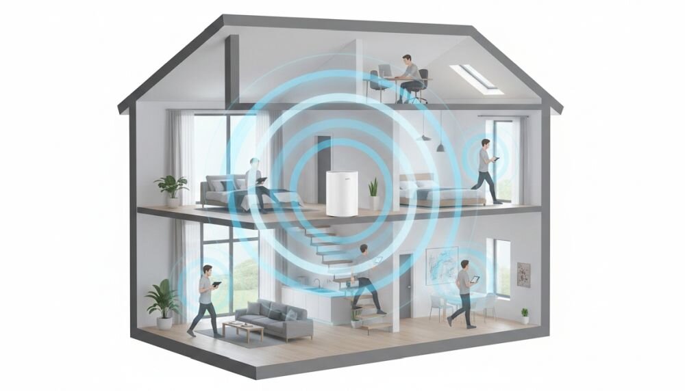 Router Cudy z sześcioma antenami stoi na stoliku w salonie, rozszerzając zasięg sieci Wi‑Fi w domu  