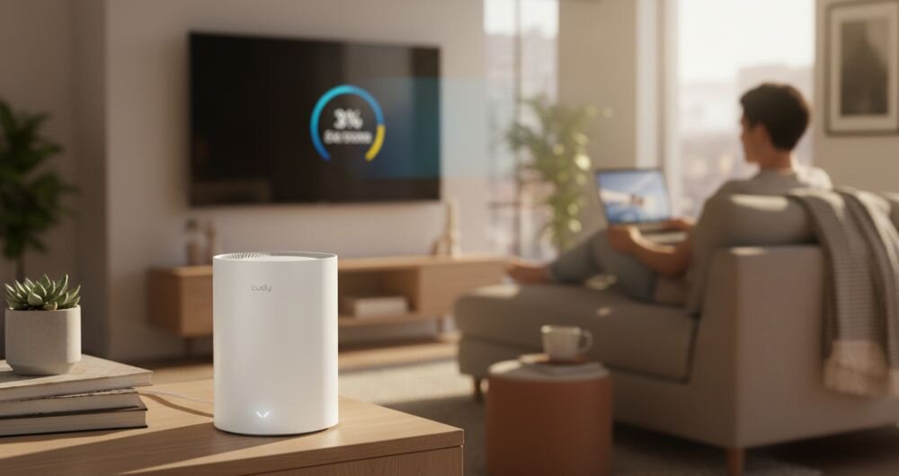 Router Cudy z sześcioma antenami stoi na stoliku kawowym, rozszerzając zasięg sieci Wi‑Fi w domowej przestrzeni wypoczynkowej.
