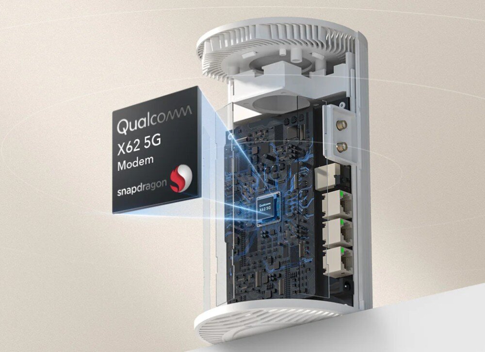 Router CUDY P4 5G Przekrój routera pokazujący wnętrze urządzenia z podświetlonym modemem Qualcomm X62 5G oraz widocznymi portami Ethernet i złączami antenowymi, modem, sieć 5G, przeznaczenie