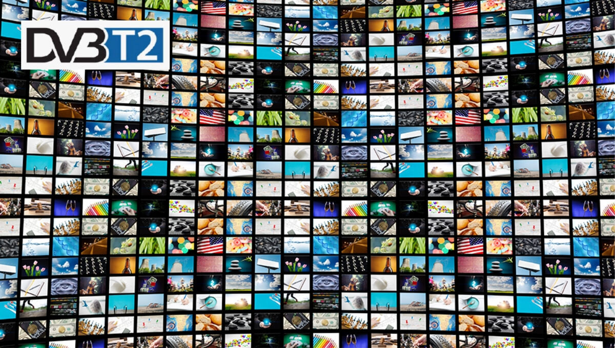 Telewizor SHARP 32HA1705E - Szeroka oferta kanałów, dużo kwadracików z programami telewizyjnymi, obraz przedstawia technologię dvb-t2