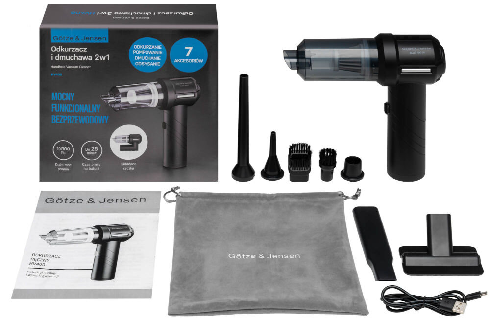 Odkurzacz ręczny GÖTZE & JENSEN HV400 Cały zestaw produktu Götze & Jensen HV400. Zawiera pudełko z informacją Odkurzacz i dmuchawa 2w1, jednostkę główną odkurzacza, siedem różnych akcesoriów, worek do przechowywania, instrukcję oraz kabel USB.