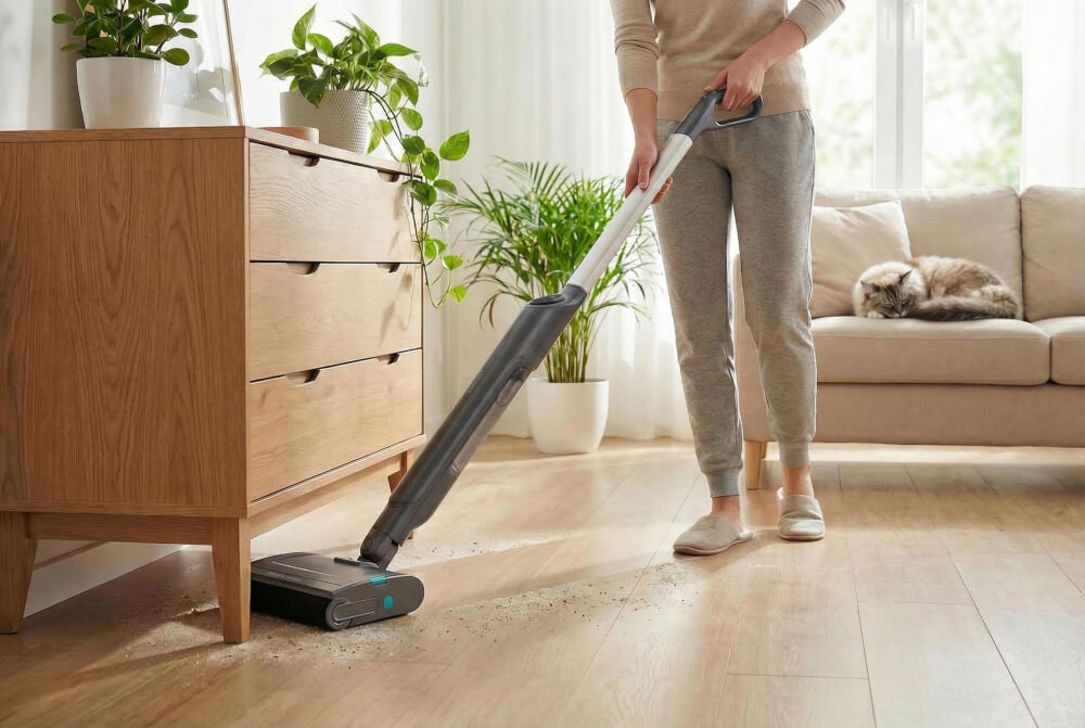 Mop elektryczny GÖTZE&JENSEN EM600T Mop elektryczny Götze & Jensen EM600T podczas mycia podłogi pod drewnianą komodą w salonie.