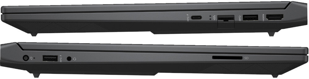 Laptop HP Victus 15-FA0999NW Zbliżenie na boki laptopa, ukazujące dostępne porty i złącza, w tym USB, HDMI, wejście słuchawkowe i czytnik kart SD, porty złącza podłączenie