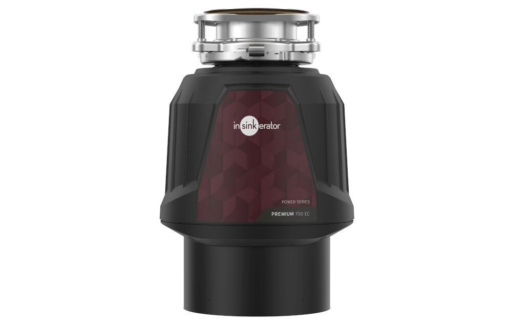 MŁYNEK DO ROZDRABNIANIA ODPADÓW INSINKERATOR PREMIUM Rozdrabniacz odpadów InSinkErator pokazany na jasnym tle. Widoczna jest czarna obudowa z bordowym panelem i logo producenta młynek InSinkErator Premium 700 EC moc 0 75 KM wydajne rozdrabnianie odpadów komora 980 ml wygodne rozdrabnianie większych porcji odpadków