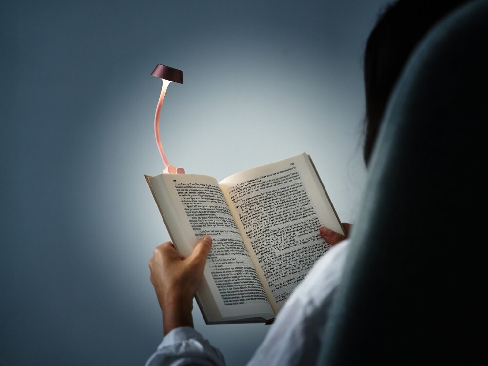 Lampka LED LEXON Mimi Jasnoróżowy
osoba trzyma książkę wpięta lampka do codziennego oświetlenia stylowy design praktyczność elastyczne ramię klips na książce biurku półce do domu biura w podróży dobre światło