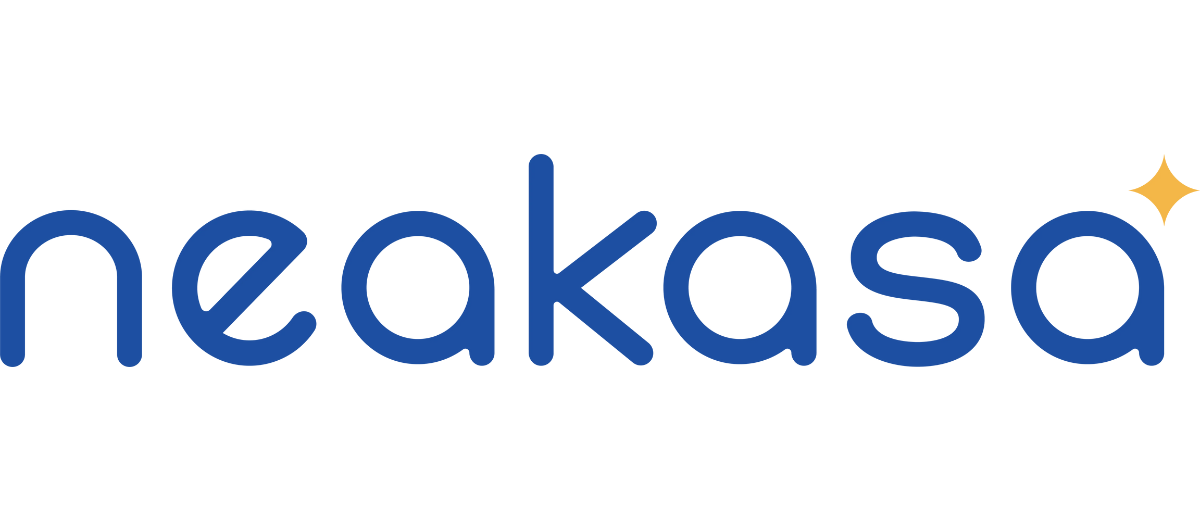 Logo z napisem \'neakasa\' w niebieskim kolorze, z małą żółtą gwiazdką po prawej stronie.
